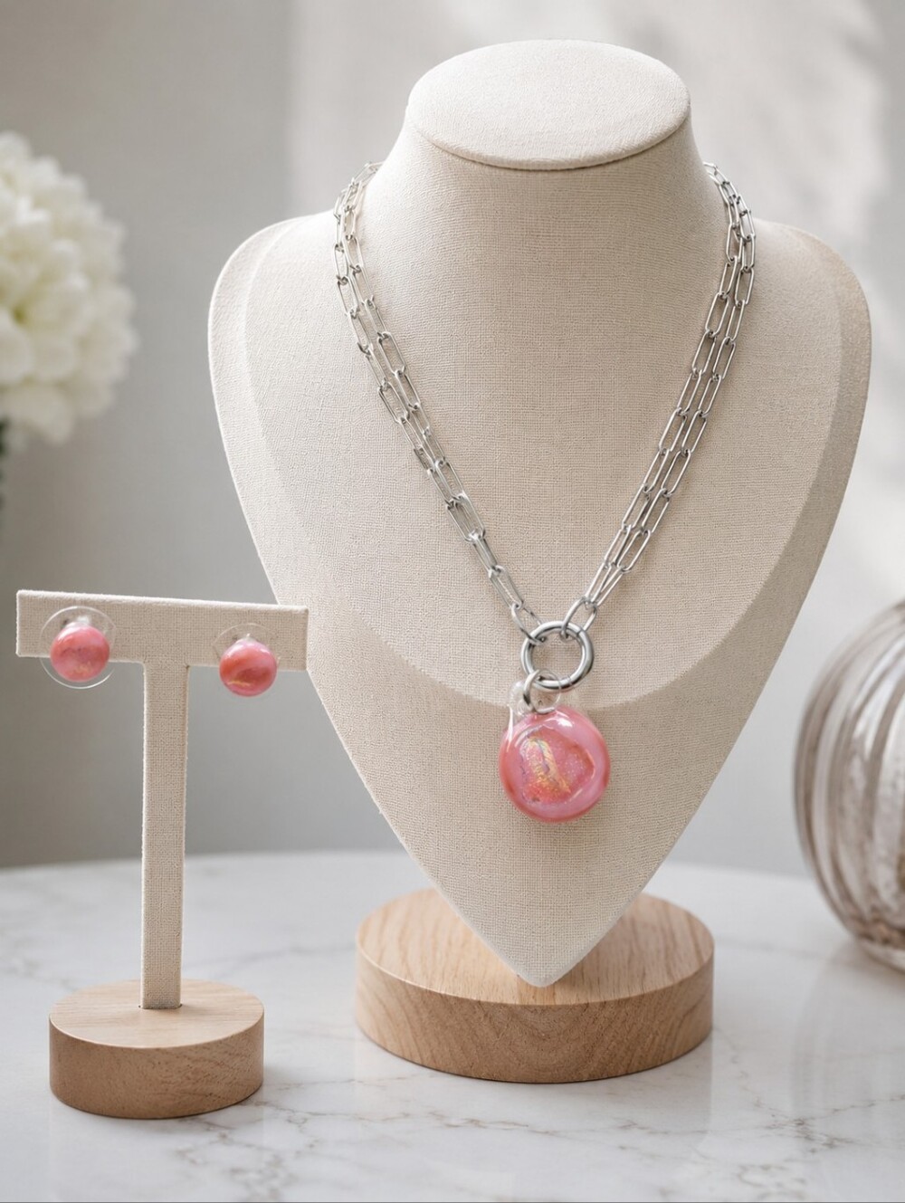 Pink Art Glass Teardrop Pendant + NWT Plunder Necklace & Matching Stud Earrings